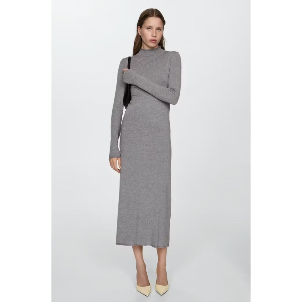 Mango MNG Gray Mock Neck Long Sleeve Knit Midi Dress Size S Heathered Minimalist